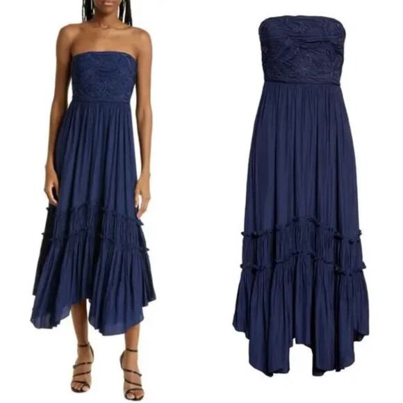 NWOT Ramy Brook Ingrid Beaded Strapless Midi Maxi Dress Spring Navy Blue Tiered - Picture 1 of 16